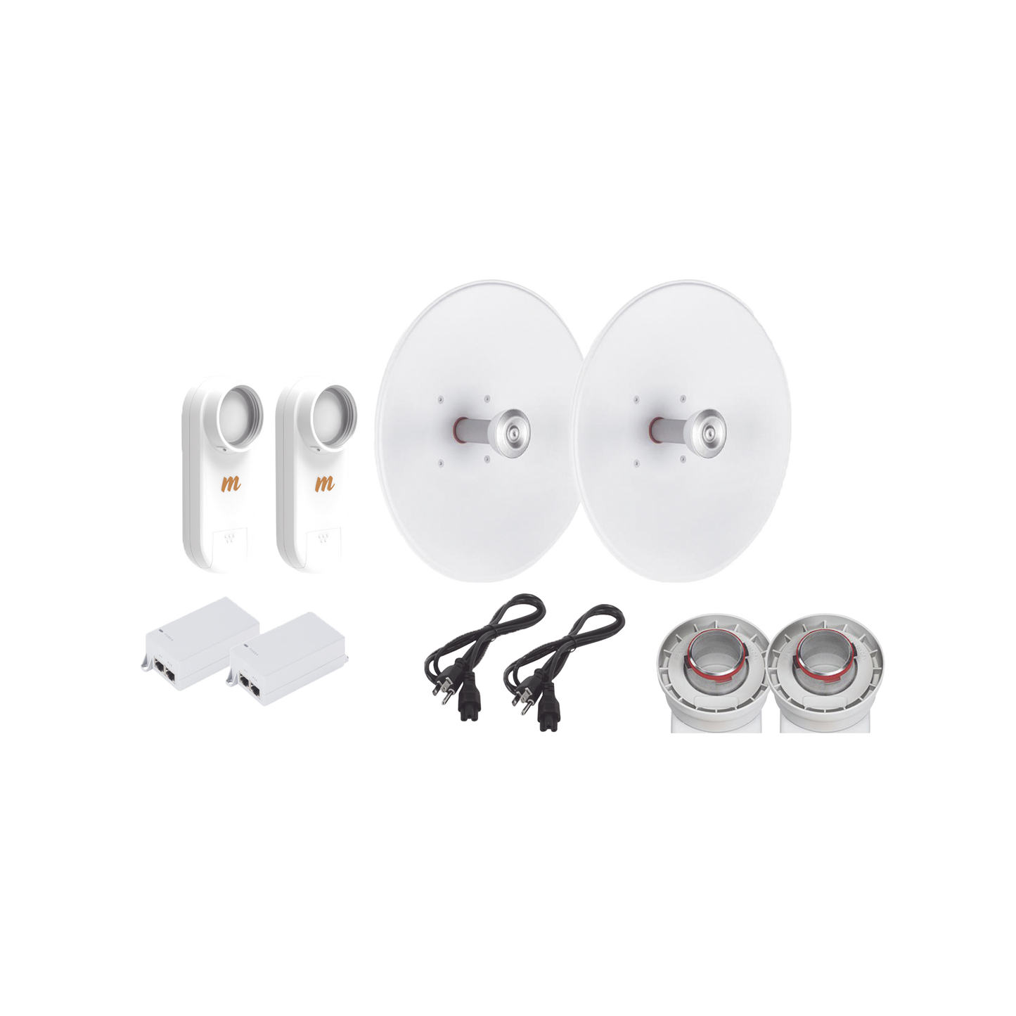 Enlace completo de 2 radios C5X con antenas UD-TP-27 (27 dBi), rango de frecuencia extendida (5.1 a 6.4 GHz), incluye inyector POE y cable de alimentación y adaptador para la antena