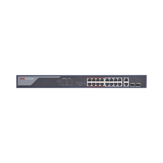 Switch PoE+ / No Administrable / 16 puertos 10/100 Mbps PoE+ / 2 puertos 10/100/1000 Mbps + 2 puertos SFP de Uplink / PoE hasta 250 metros / 230 W