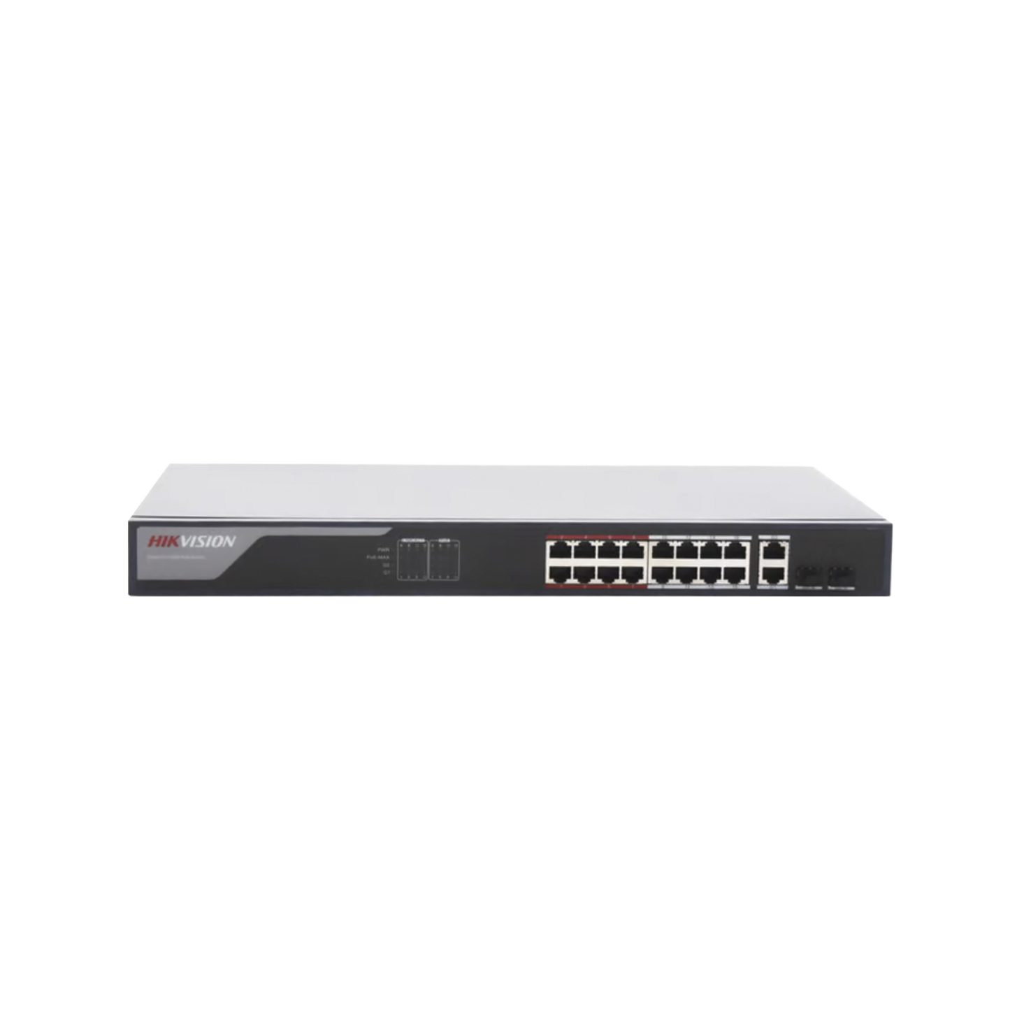 Switch Monitoreable PoE+ / 16 puertos 10/100 Mbps PoE+ / 2 puertos 10/100/1000 Mbps + 2 puertos SFP de Uplink / PoE hasta 250 metros / conexión remota desde Hik-ProConnect / 230 W