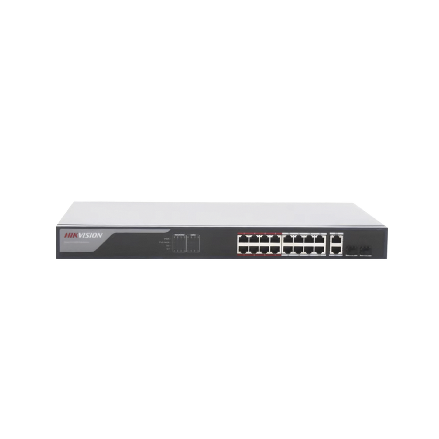 Switch PoE+ / Administrable / 16 puertos 10/100 Mbps PoE+ / 2 puertos SFP / configuración remota desde Hik-ProConnect / PoE hasta 250 metros / 230 W