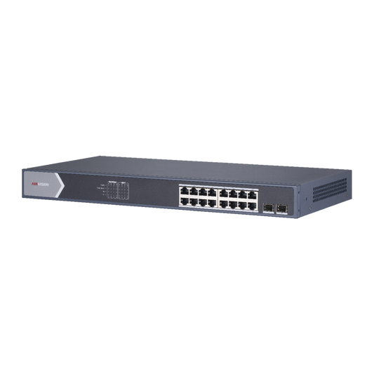 Switch Gigabit PoE+ / Administrable / 16 Puertos 10/100/1000 Mbps PoE+ / 1 Puerto 10/100/1000 Mbps de Uplink / 1 Puerto SFP /  Configuración Remota desde Hik-PartnerPro / Modo Extendido hasta 300 Metros / 130 W