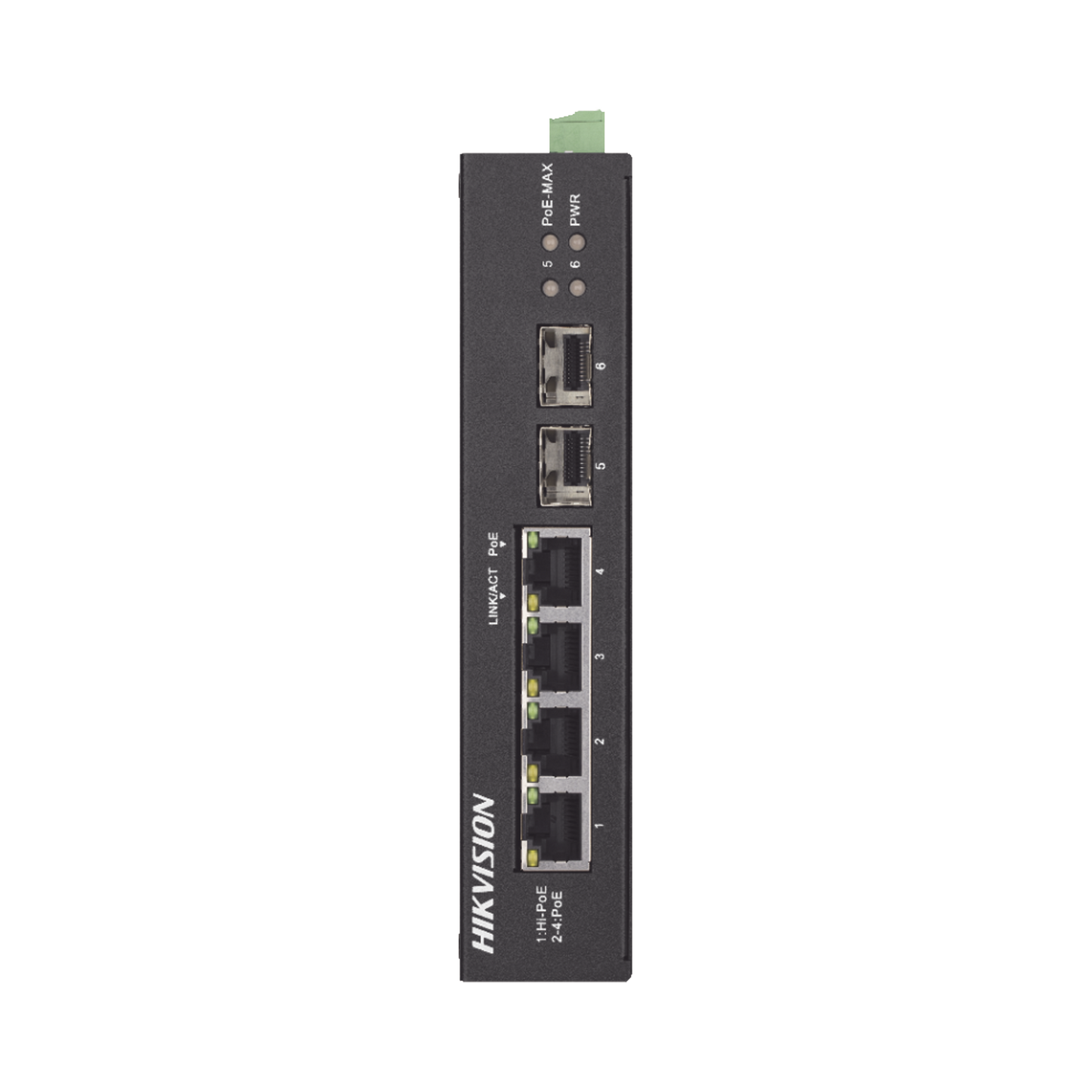 Switch Industrial No Administrable Gigabit / 3 Puertos Gigabit PoE+ (30 W) + 1 Puerto Gigabit PoE++ (60 W) / 2 Puertos SFP / 65 W Total / 48 a 57 VCD / Ideal para Proyectos