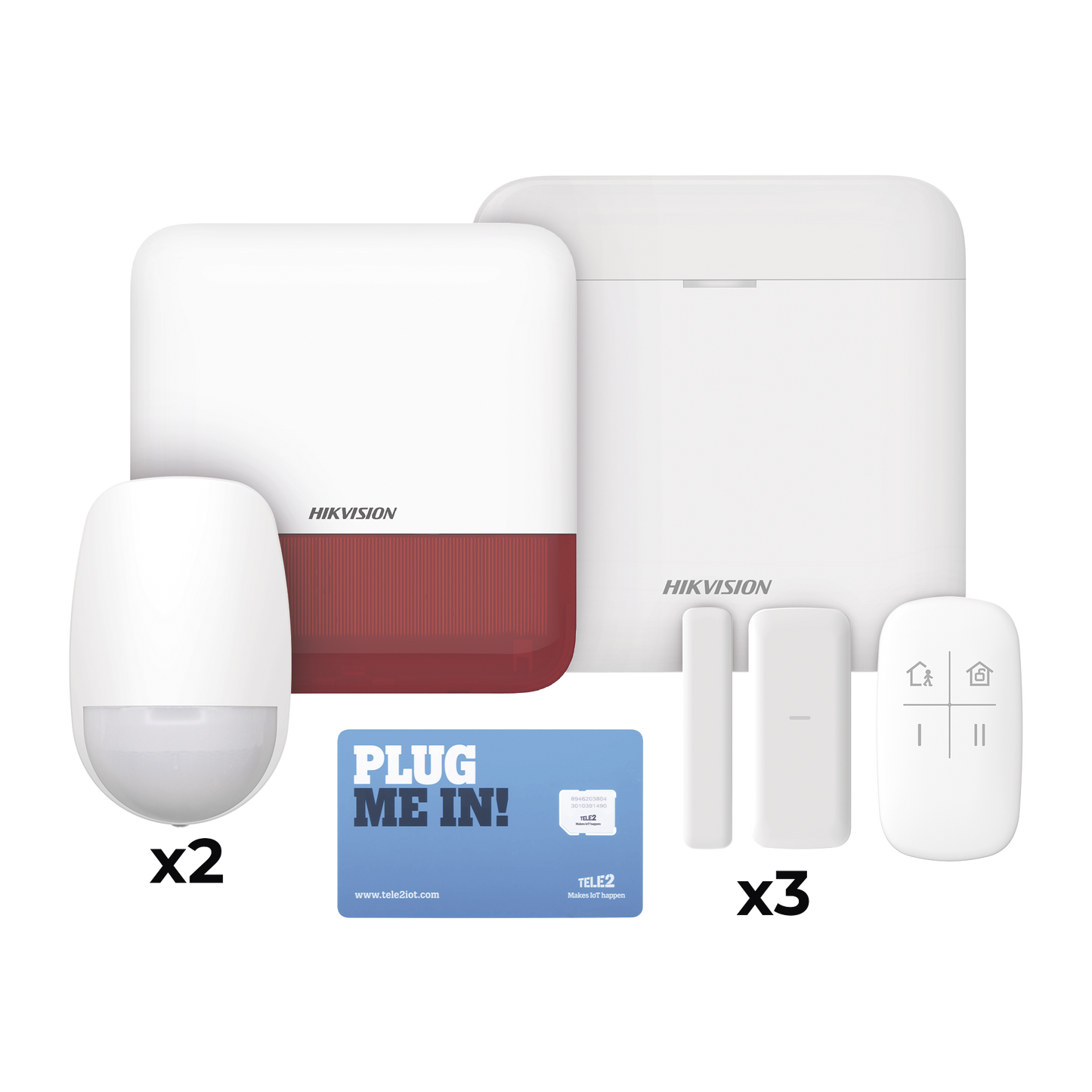 (AX PRO) KIT de Alarma AX PRO con GSM (3G/4G) / Incluye: 1 Hub / 2 Sensores PIR / 3 Contactos Magnéticos mini / 1 Control Remoto / 1 Sirena Roja Inalambrica Exterior / 1 WiFi / 1 MICROSIM30M2M con 1 mes de servicio/Compatible con Hik-Connect P2P