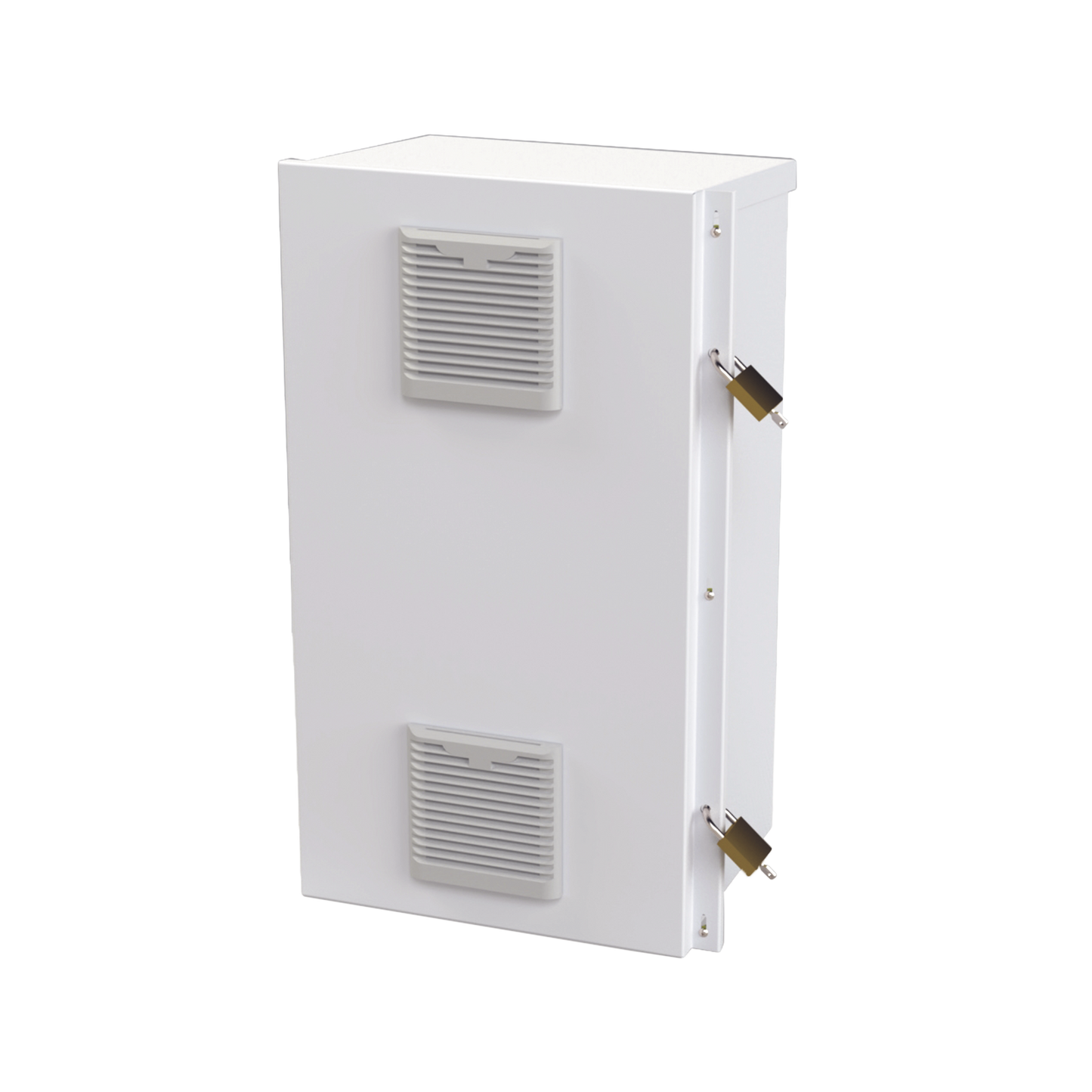 Gabinete Acero Galv. para 2 Baterías PL110D12 (400 x 730 x 300mm). Puerta Ventilada. Acc. para piso o poste No incluidos.