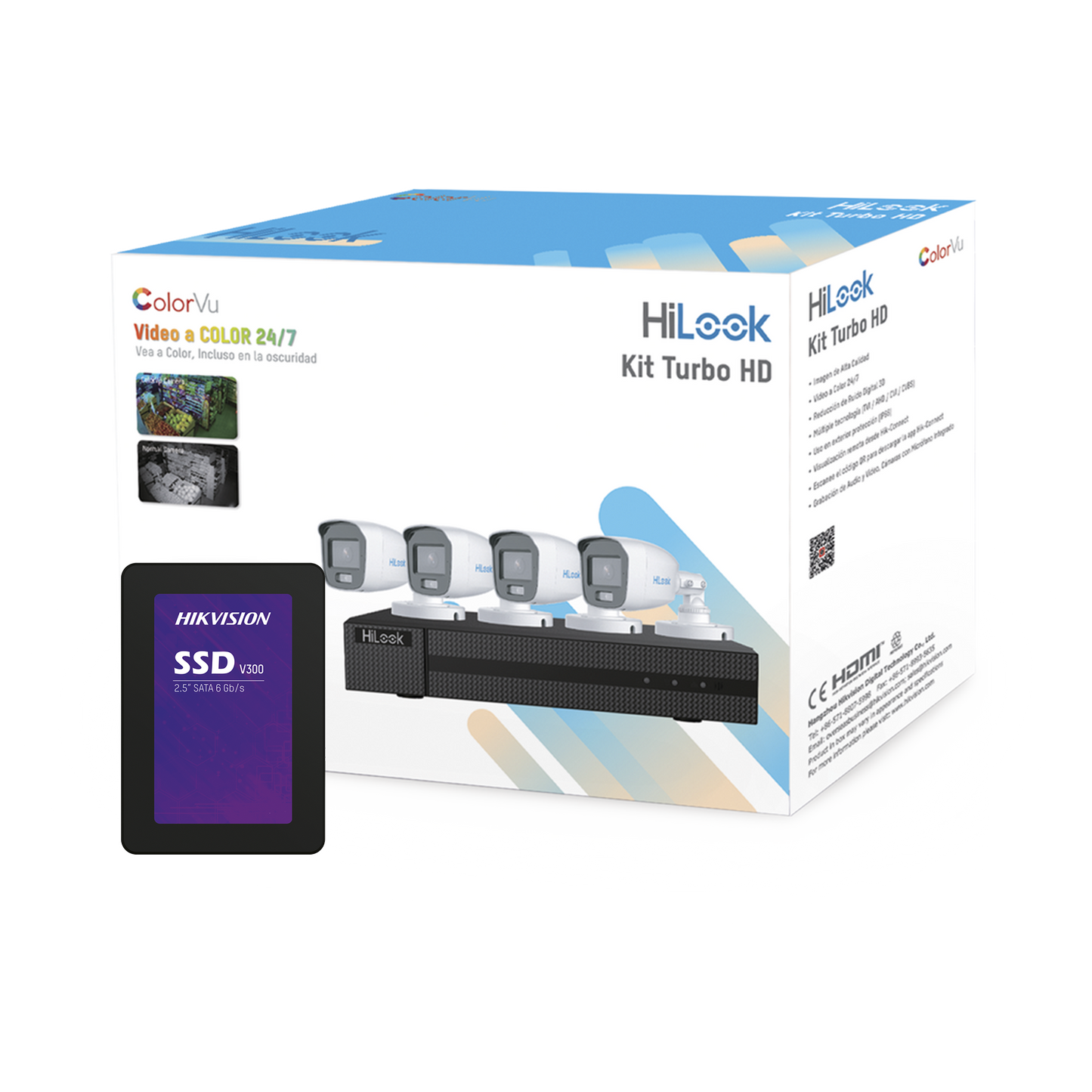 Kit TurboHD 1080p + SSD 512 GB / DVR 4 Canales / 4 Cámaras Bala ColorVu con Micrófono Integrado / Fuente de Poder / Accesorios de Instalación