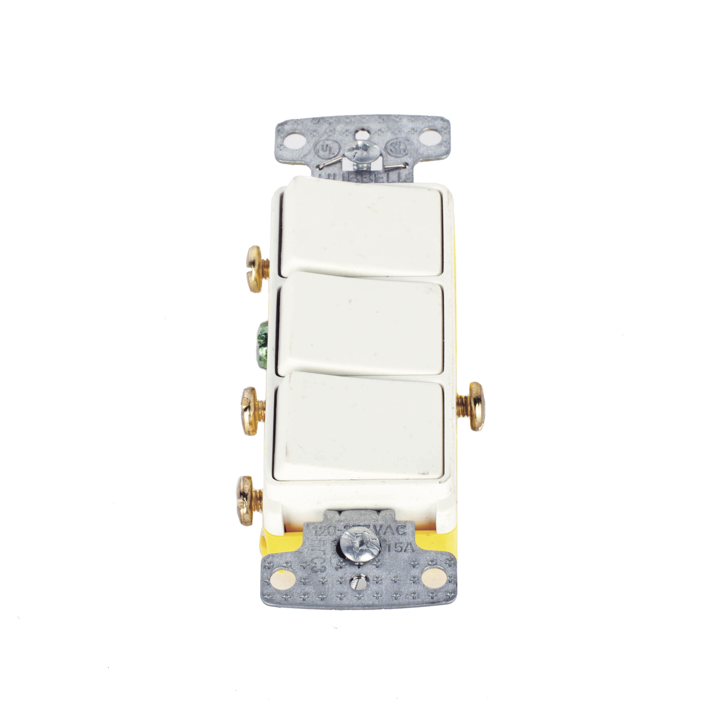 Interruptor Residencial 15 A 120 V, con 3 Bases Unipolares, Cableado lateral, Color Blanco.