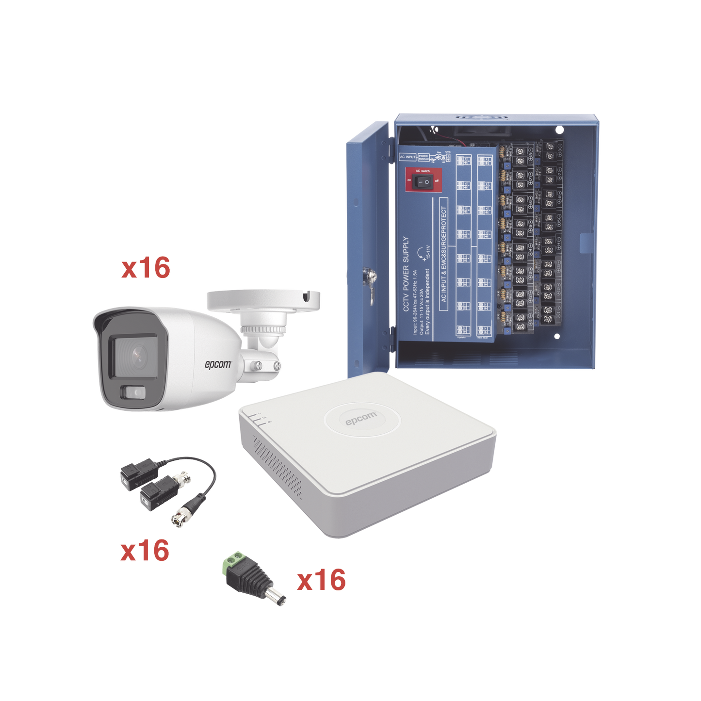 KIT TurboHD 1080p Lite / DVR 16 Canales / 16 Cámaras Bala Exterior ( 2.8mm) / Transceptores / Conectores / Fuente de Poder Profesional