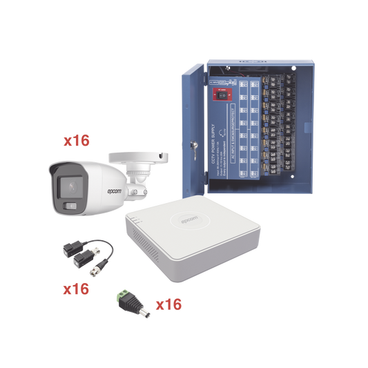 KIT TurboHD 1080p Lite / DVR 16 Canales / 16 Cámaras Bala Exterior ( 2.8mm) / Transceptores / Conectores / Fuente de Poder Profesional