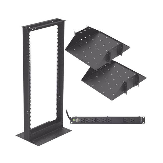 Kit de Rack Estándar 19", 24 UR con 2 Charolas  y PDU (8 tomas). Ideal para UPS y Servidores tipo Torre.