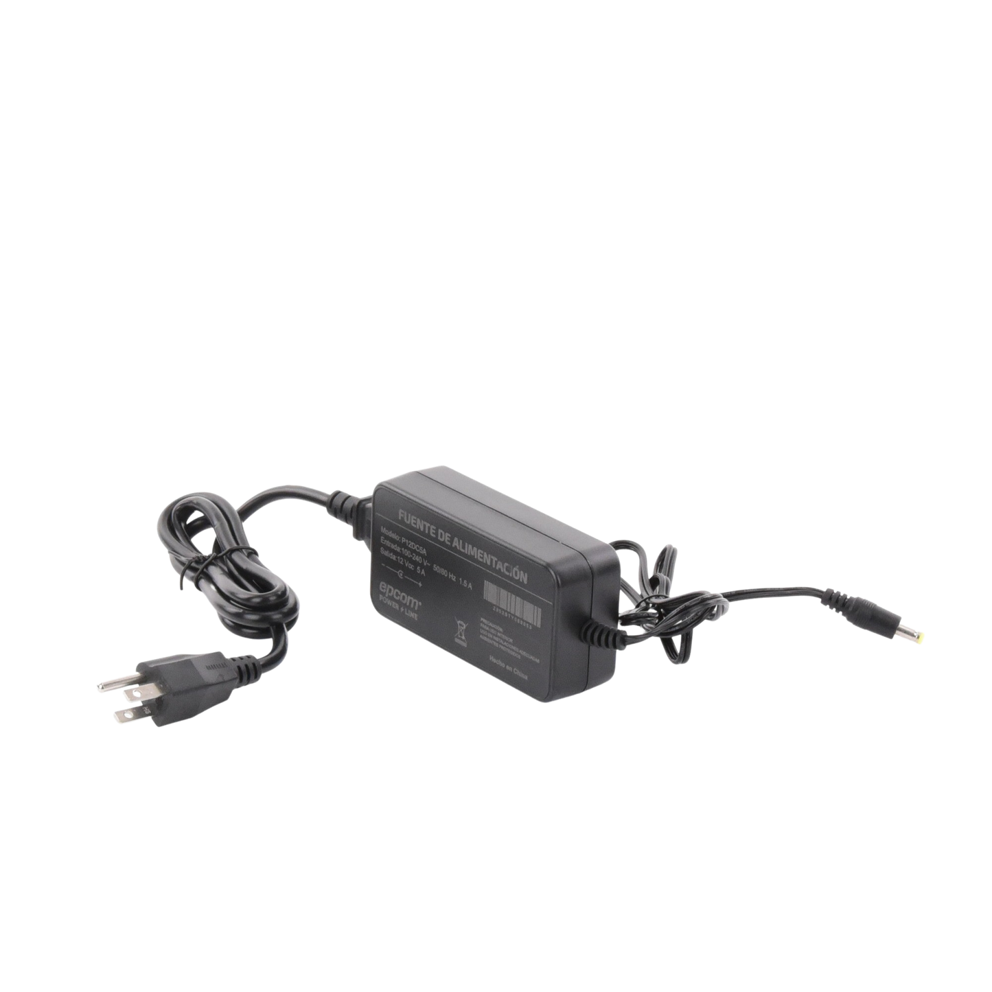 Adaptador 12 Vcc / 5 Amperes / Profesional / Con cable extensión / 0.5 metros a la toma de alimentación / 0.5 metros a la conexión del dispositivo