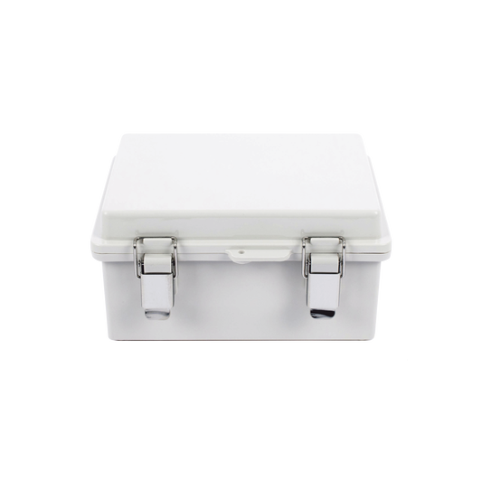 Gabinete de Plástico ABS, Uso en Intemperie IP66 (170 x 220 x 110 mm) Cierre por broche Inoxidable.