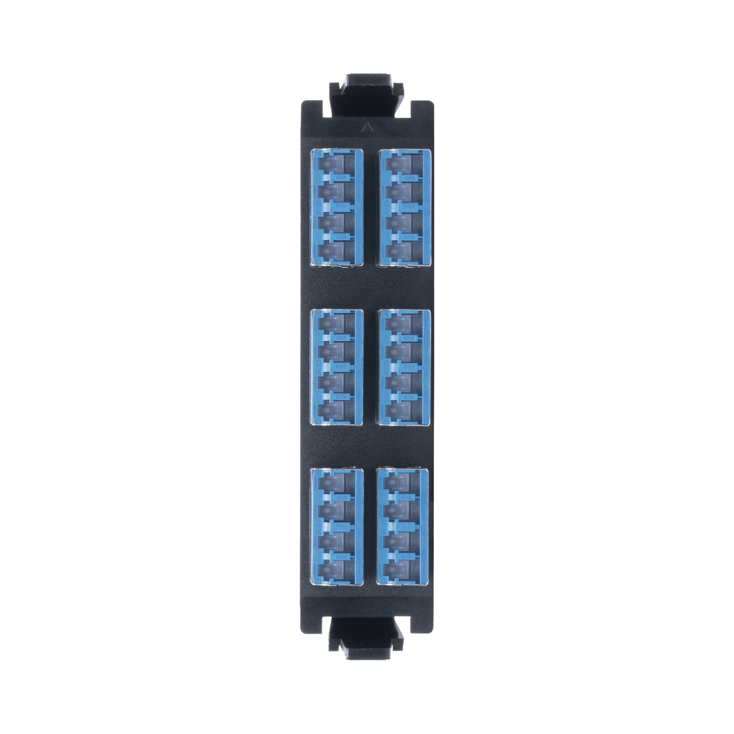 Placa acopladora de Fibra Óptica Quick-Pack, Con 6 Conectores LC/UPC con conectores “Shuttered” Quad (24 Fibras), Para Fibra Monomodo, Azul, incluye tapas cubre polvo abatibles integradas por cada conector.