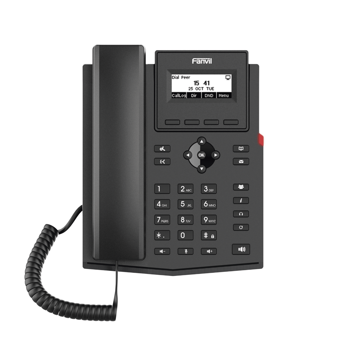 Teléfono IP empresarial para 2 lineas SIP con pantalla LCD, Puertos Gigabit, Códec Opus, conferencia de 3 vías, PoE.