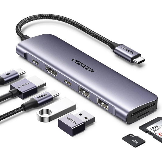 HUB USB-C (Docking Revodok) 7 en 1 | 2 USB-A 3.0 | 1 USB-C 3.0 (5Gbps) | 1 USB-C PD Carga 100W | HDMI 4K | Lector Tarjetas SD + Micro SD (TF) Uso Simultáneo | Chip de Última Generación | Cable de Nylon Trenzado | Caja de Aluminio.