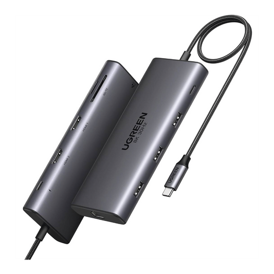 HUB USB-C (Docking Revodok Pro 210) 10 en 1 | 2 Puertos HDMI 8K,4K@60Hz | 3 USB-A | USB-C (5Gbps) | USB-C PD Carga 100W | RJ45 (Gigabit Ethernet) | Lector Tarjetas SD + Micro SD (TF) Simultáneo | Carcasa de Aluminio.