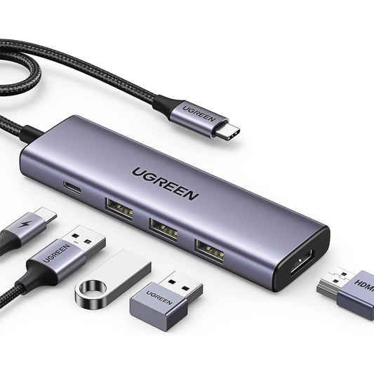 HUB USB-C (Docking Station) 5 en 1 | HDMI 2.0 4K@30Hz | 3 USB-A 3.0 (5Gbps) | USB-C PD Carga 100W | Potente Disipación de Calor | Chip de Ultima Generación | Cable de Nylon Trenzado de 25 cm | Carcasa de Aluminio.