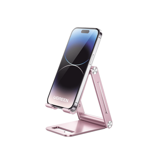 Soporte para Teléfono Celular de Aluminio / Angulo Ajustable / Amplia Compatibilidad con dispositivos de 4.7'' a 7.9'' / Antideslizante / Antiarañazos / Plegable / Color Rosa