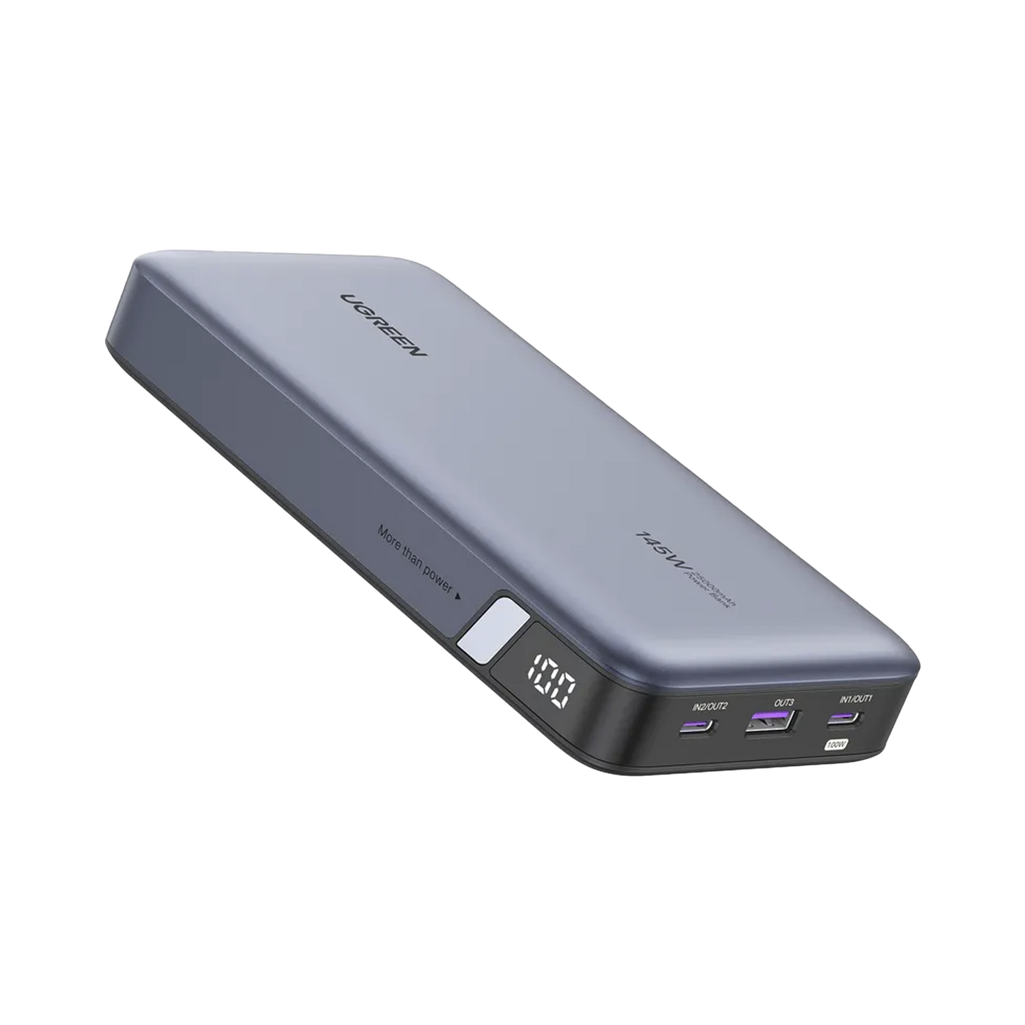 Power Bank de 25000mAh / 3 Salidas 145W Max. / USB-A + 2 USB-C / PD 3.0, QC3.0 / FCP / SCP / Pantalla Inteligente / Carcasa Ignifuga / Color Gris / Incluye Cable USB de 50cm / Carga tu Laptop de Manera Segura