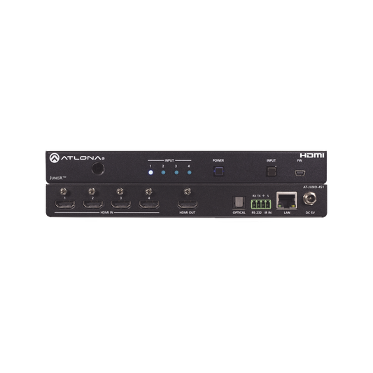 Atlona JunoX™ Switch HDMI 4K UHD HDR 4x1 / Conmutación Automática, Compatible HDCP 2.2, Control Remoto IR, Funciones de Gestión EDID, Canal ARC y Salida TOSLINK.