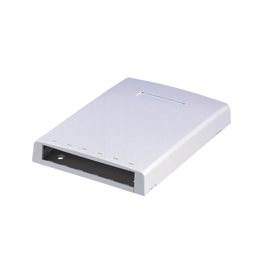 Caja de Montaje en Superficie, Con Accesorio para Resguardo de Fibra Óptica, Para 6 Módulos Mini-Com, Color Blanco