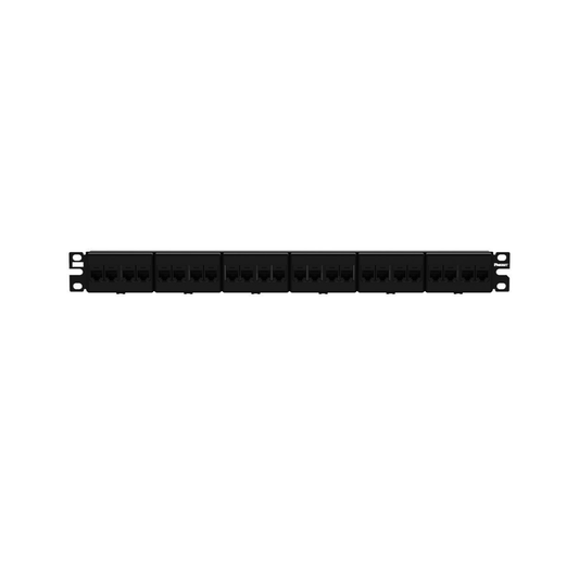 Panel de Parcheo con 24 Acopladores Mini-Com, Plano, Categoría 6A, de 1 UR, Color Negro