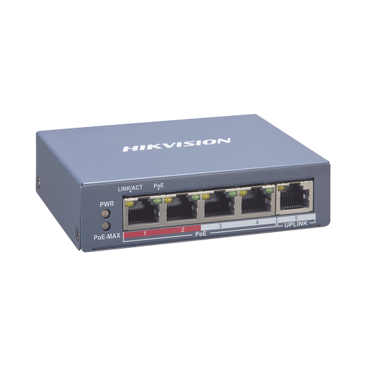 Switch Monitoreable PoE+ / 4 puertos 10/100 Mbps PoE+ / 1 puerto RJ45 Uplink / PoE Hasta 250 Metros / 60 W / Conexión Remota desde Hik-ProConnect