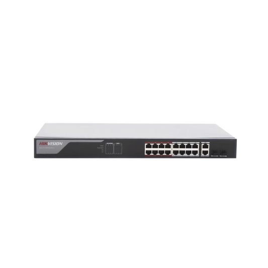 Switch Monitoreable PoE+ / 16 puertos 10/100 Mbps PoE+ / 2 puertos 10/100/1000 Mbps + 2 puertos SFP de Uplink / PoE hasta 250 metros / conexión remota desde Hik-ProConnect / 230 W