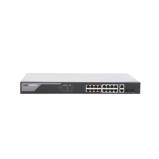 Switch PoE+ / Administrable / 16 puertos 10/100 Mbps PoE+ / 2 puertos SFP / configuración remota desde Hik-ProConnect / PoE hasta 250 metros / 230 W