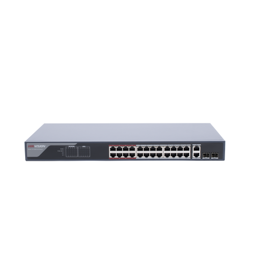 Switch Monitoreable PoE+ / 24 puertos 10/100 Mbps PoE+ / 2 puertos 10/100/1000 Mbps + 2 puertos SFP de Uplink / PoE hasta 250 metros / conexión remota desde Hik-ProConnect / 370 W