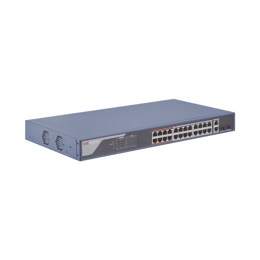 Smart Switch PoE+ Administrable / 24 puertos 10/100 Mbps PoE+ (hasta 300 m) + 2 puertos 10/100/1000Mbps + 2 Puertos SFP Uplink / 370 W / Hik-ProConnect y Hik-Central