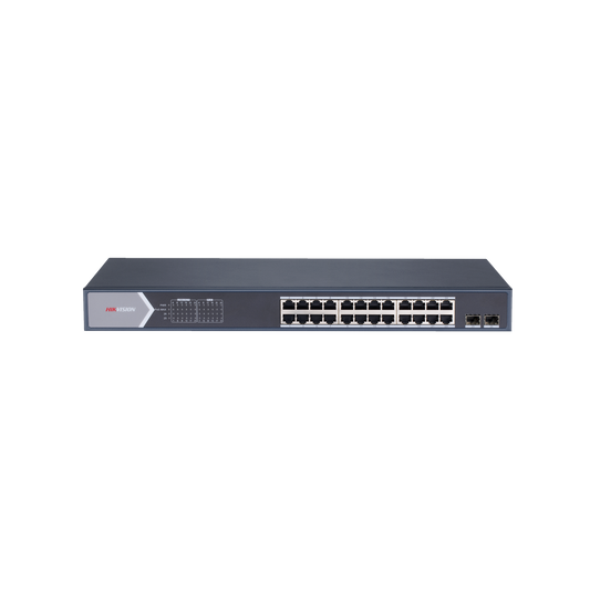 Switch Gigabit PoE+ / Administrable / 24 puertos 10/100/1000 Mbps PoE+ / 2 puertos SFP / configuración remota desde Hik-PartnerPro / PoE hasta 250 metros / 370 W