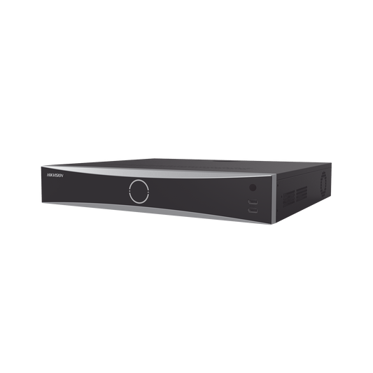 NVR 12 Megapixel (4K) / 32 canales IP / 16 Puertos PoE+ / Reconocimiento Facial / AcuSense (Evita Falsas Alarmas) / 4 Bahías de Disco Duro / Switch PoE 300 mts / HDMI en 4K / Alarmas I/O