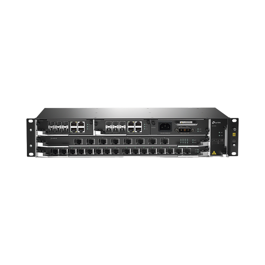 DeltaStream - OLT Módular GPON / Conexión de hasta 4,096 ONUs / 2 Tarjetas Main / Puertos Gigabit RJ45 Uplink / 4 Puertos SFP+ Uplink / Fuente Redundante AC- DC (incluida) / Administración desde la nube (DPMS)