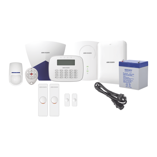 KIT Panel de Alarma / 1 Panel Híbrido / 1 Monitor LCD / 1 Expansor de zonas / 2 Contactos Magnéticos / 1 PIR / 1 Control remoto / 1 Cable de alimentación / 1 Sirena / 1 Bateria de 12vcc 4.5 Amp