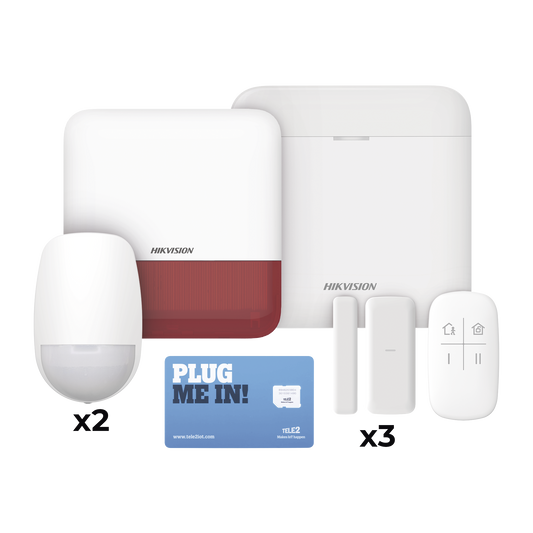 (AX PRO) KIT de Alarma AX PRO con GSM (3G/4G) / Incluye: 1 Hub / 2 Sensores PIR / 3 Contactos Magnéticos mini / 1 Control Remoto / 1 Sirena Roja Inalambrica Exterior  / 1 WiFi / 1 MICROSIM30M2M con 1 mes de servicio/Compatible con Hik-Connect P2P
