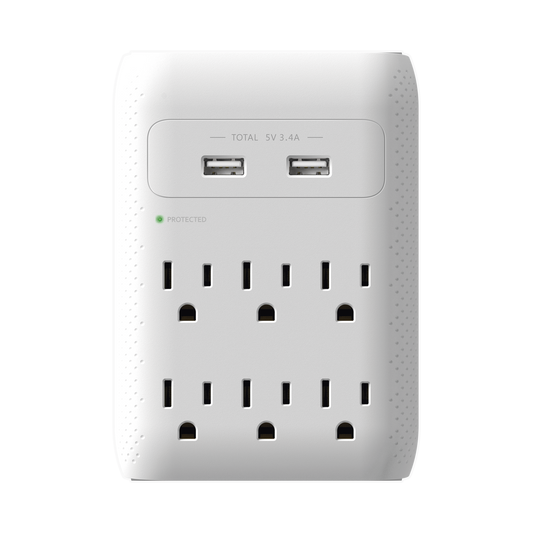 Multicontacto de Pared 110 Vca/ Supresor de Picos / 6 x Nema 5-15P / 2 x USB (5V @3.4A)