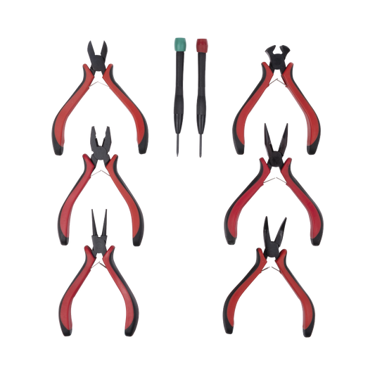 Juego de Herramientas con 6 Pinzas Eléctricas de 4.5" + 2 Desarmadores de Precisión (Plano y Cruz).
