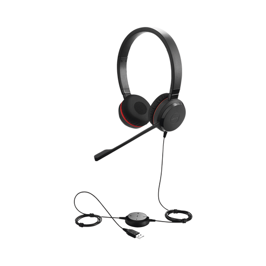 Jabra Evolve 30 Duo con conexión USB / 3.5mm, micrófono con cancelación de ruido y controlador en el cable con botones e indicadores LED (5399-829-309)