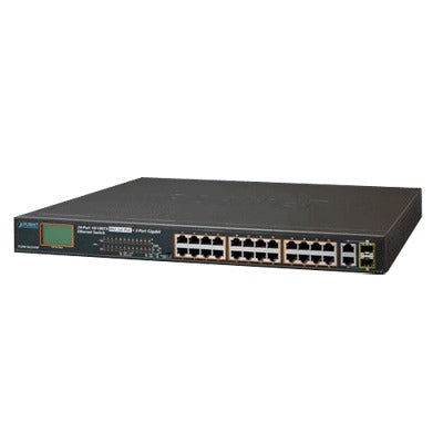 Switch No Administrable 24 Puertos PoE 10/100 802.3af/at, 2 Combo TP/SFP Gigabit y Pantalla LCD para Monitoreo y Configuración Básica de PoE, Hasta 300 Watts