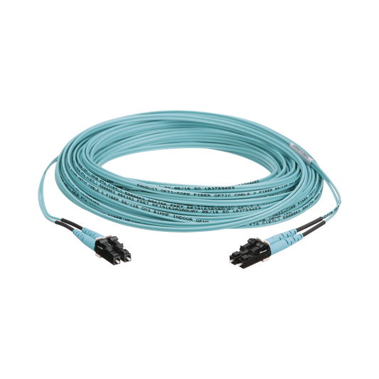 Jumper de Fibra Optica Multimodo 50/125 OM3, LC-LC Duplex, OFNR (Riser), Color Aqua, 20 Metros