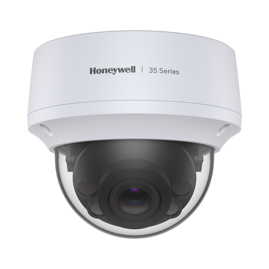 Camara Domo IP 5 Megapixel / Lente Mot. 2.7 a 13.5 mm / 50 mts IR / NDAA / ONVIF / Exterior IP67 / IK10 / H.265 / IA (Filtro de Humanos y Vehiculos) / Merodeo / Conteo de Personas / PoE / Audio y Alarmas I/O / Serie 35 / Honeywell Security