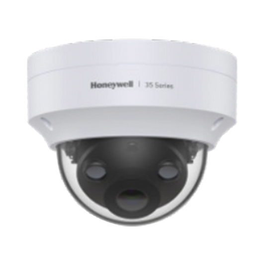 Camara Domo IP 5 Megapíxeles / Lente 2.8 mm / 40 mts IR / NDAA / ONVIF / Exterior IP67 / Antivandálica IK10 / IA (Filtro de Humanos y Vehiculos) / Conteo de Personas / Merodeo / H.265 / PoE / Alarmas I/O / Serie 35 / Honeywell Security