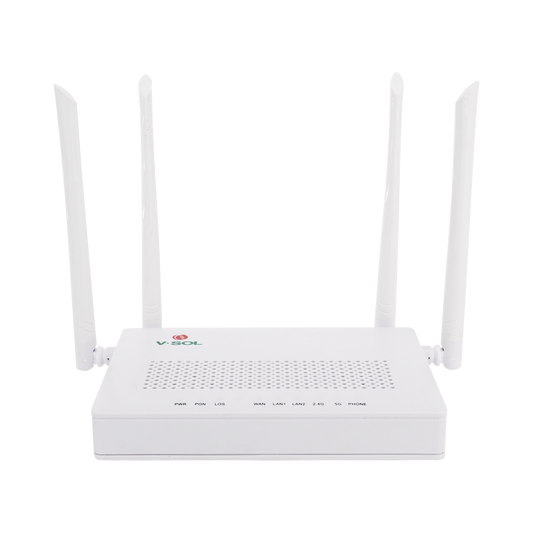 ONU Dual G/EPON con Wi-Fi AC de doble banda, 1 puerto SC/UPC + 2 puertos LAN Gigabit + 1 puerto FXS