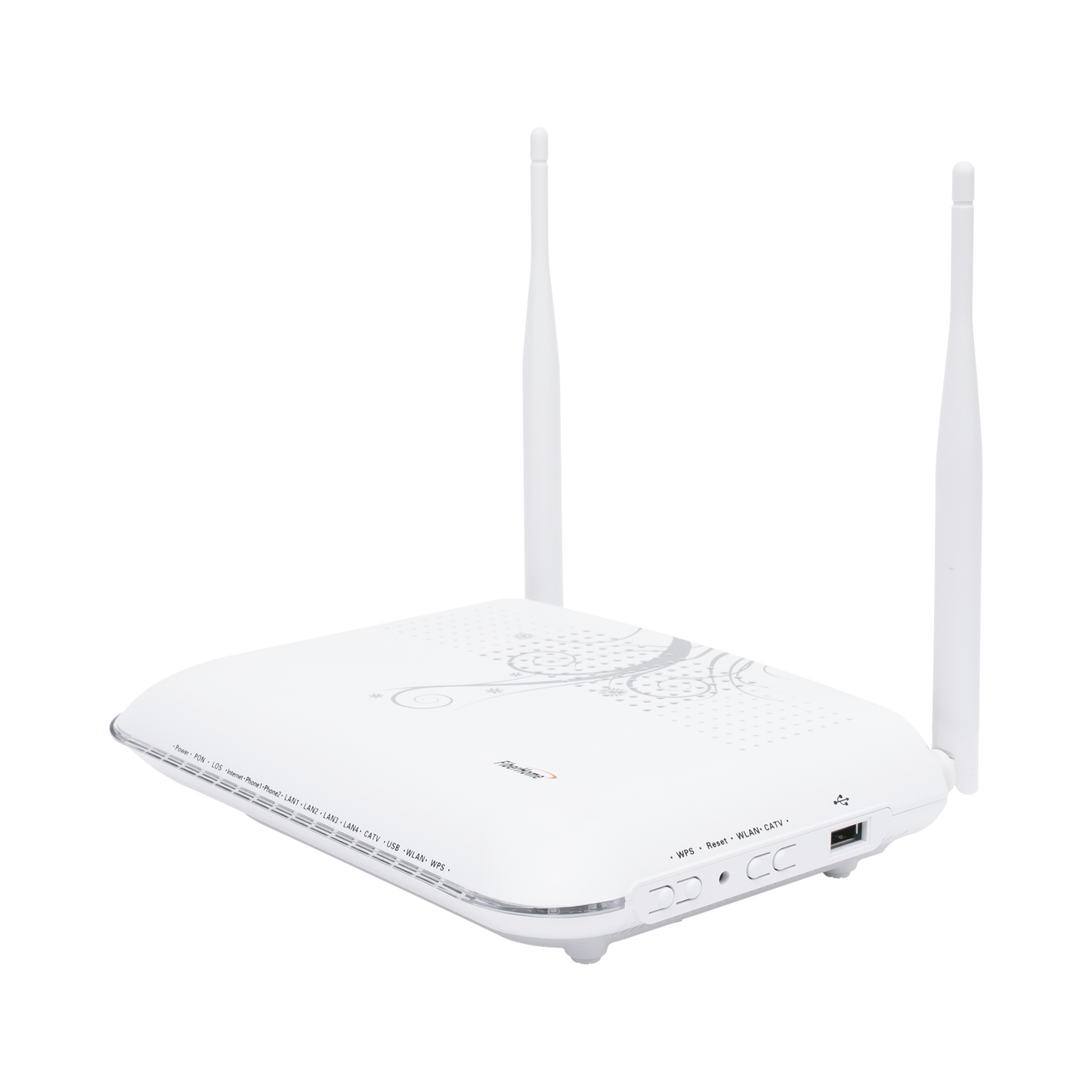 ONU GPON con 4 puertos Gigabit Ethernet + 2 POTS + 1 USB + 1 CATV (RF) + WiFi 2.4 GHz, conector SC/APC