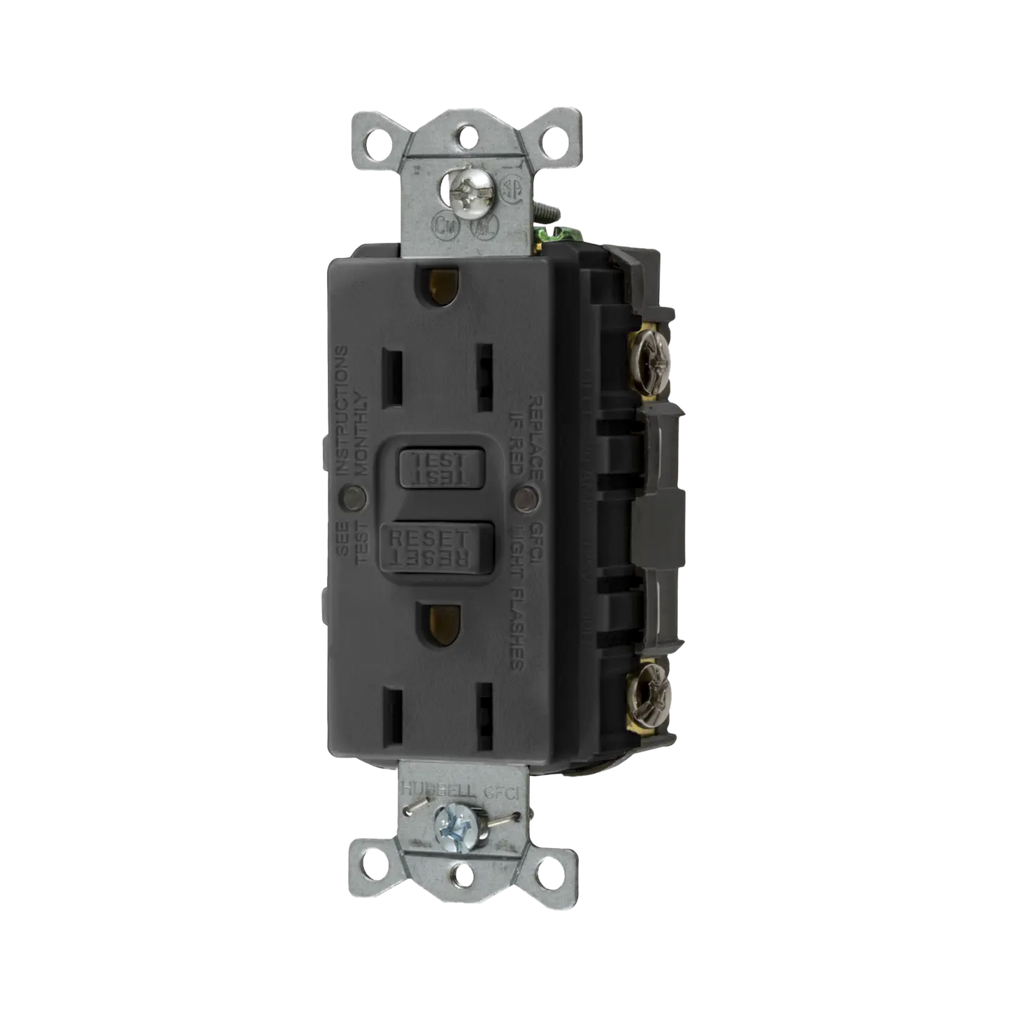 Contacto de Auto-verificación GFCI con Interruptor de Falla a Tierra de 15 A 125 V 2 Polos, 3 Hilos Color Negro (Nema 5-15R), Grado Comercial.