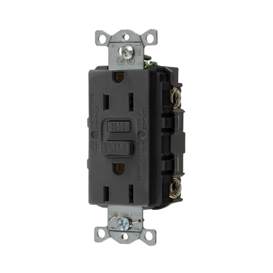 Contacto de Auto-verificación GFCI con Interruptor de Falla a Tierra de 15 A 125 V 2 Polos, 3 Hilos Color Negro (Nema 5-15R), Grado Comercial.
