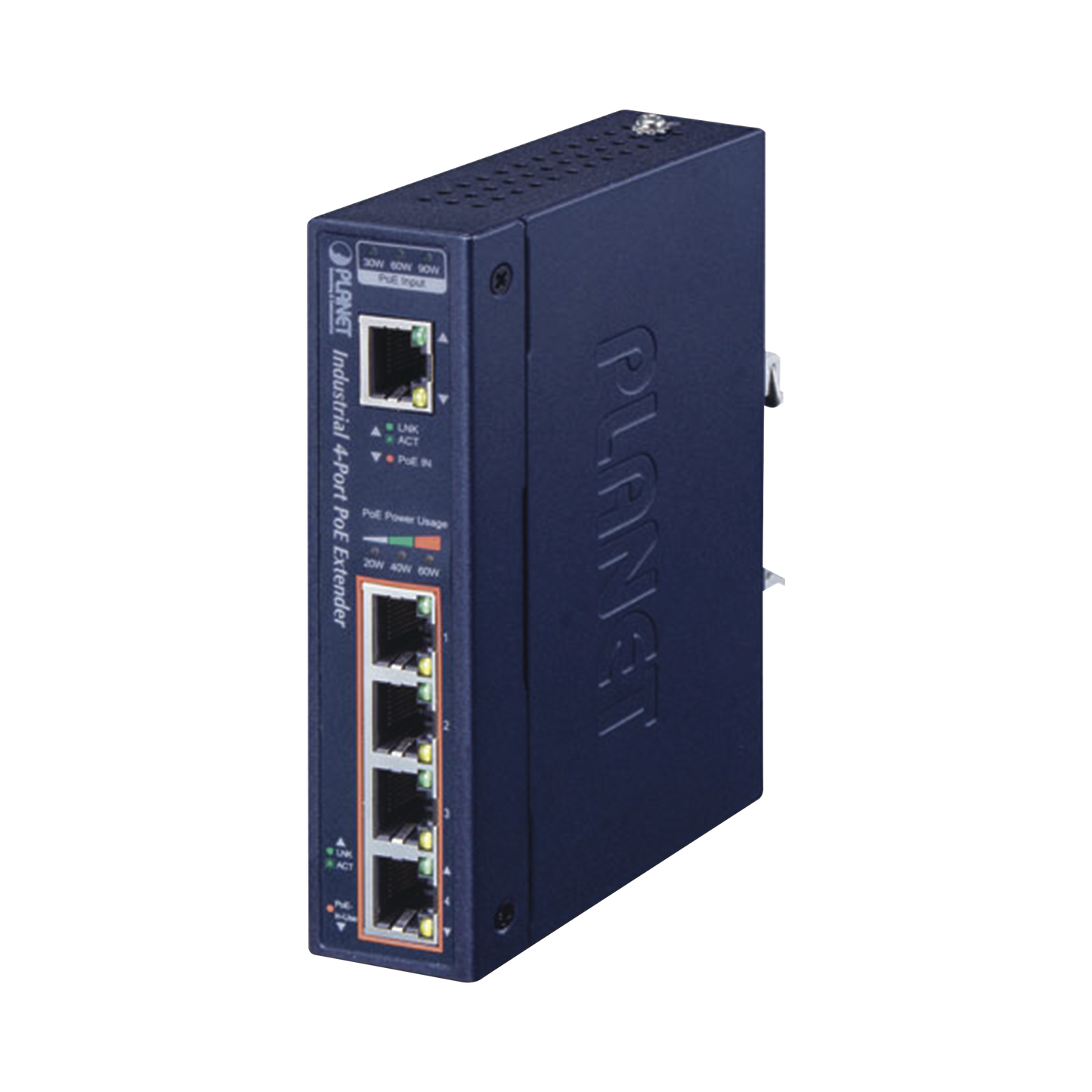 Extensor Industrial PoE, Entrada PoE 802.3 bt  y 4 Puertos de Salida Gigabit 802.3 af/at