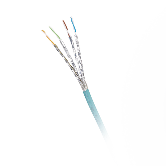 Bobina de Cable Blindado S/FTP Categoría 6A, Uso Industrial con Resistencia al Aceite, Rayos UV y Abrasión, Multifilar (Flexible), Color Azul Cerceta, Bobina de 500m