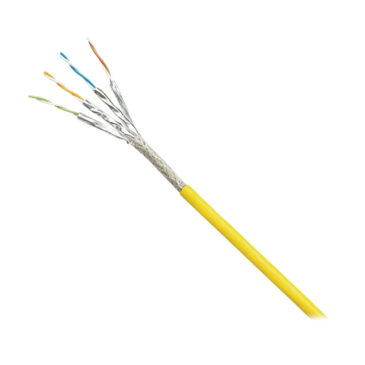 Bobina de Cable Blindado S/FTP Categoría 6A, Uso Industrial con Resistencia al Aceite, Rayos UV y Abrasión, Multifilar (Flexible), Color Amarillo, Bobina de 500m