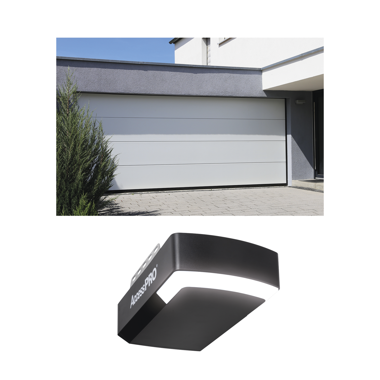 KIT COMPLETO Puerta GARAGE108 / Lisa Linea Central / Color blanco / Insulada / Incluye Motor FS1000APP / 1/2HP / Fuerte/Silencioso/Luz LED/Motor DC .